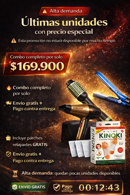 SUPER OFERTA 😍✨ COMBO DE BELLEZA COMPLETO✨😊  Cepillo secador 2 en 1+Secador+Baby Liss+parches Kinoki